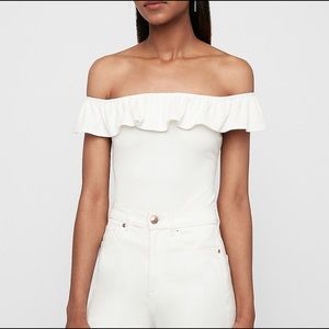 New Ribbed Ruffled Off the Shoulder Bodysuit